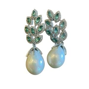 Silver and Green Leaf Earrings with Pearl Drops